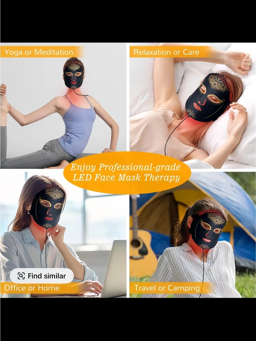 ZJZK LED Light-Up Facial Mask - Black with Gold Accents